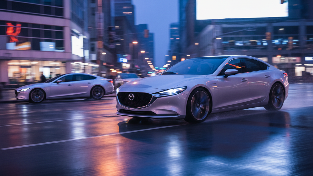 Editorial, photo-realistic HERO for an automotive daily news article titled "Mazda 6e EV Liftback Spied Testing – Daily Car News (2025-09-29)". Depict