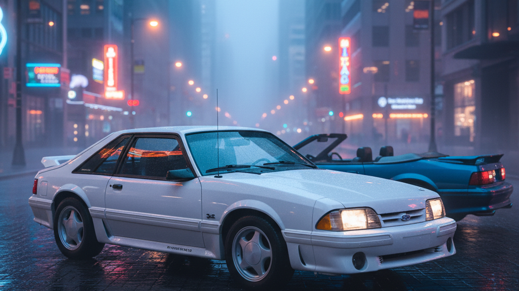 Editorial, photo-realistic HERO for an automotive daily news article titled "Ford Mustang Fox-body Values Surge to New Heights – Daily Car News (2025-