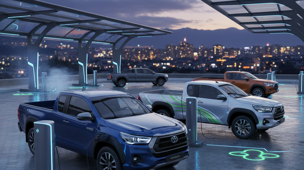 Editorial, photo-realistic HERO for an automotive daily news article titled "Toyota HiLux Expands Fuel Options with Electric and Hydrogen Variants – D