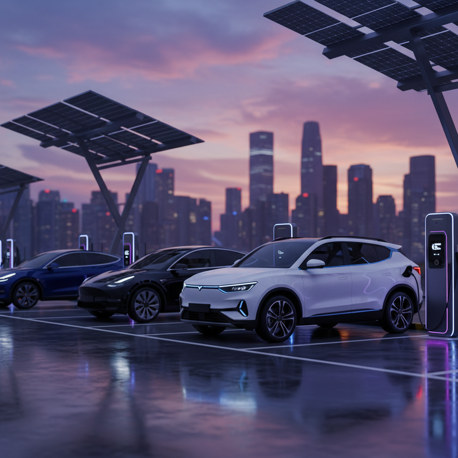 Editorial, photo-realistic HERO for an automotive daily news article titled "KGM Torres EVX Aims to Compete with Model Y – Daily Car News (2025-11-25)