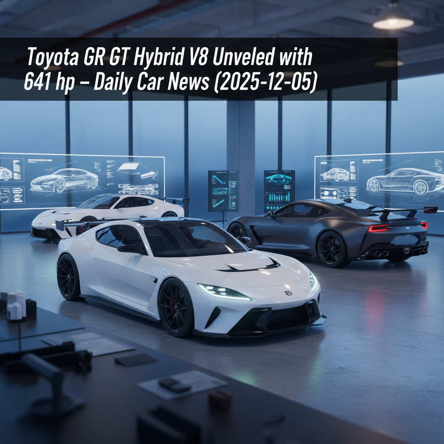 Editorial, photo-realistic HERO for an automotive daily news article titled "Toyota GR GT Hybrid V8 Unveiled with 641 hp – Daily Car News (2025-12-05)