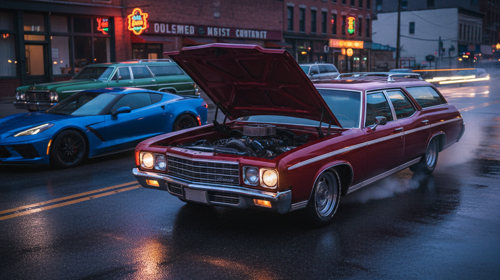 Editorial, photo-realistic HERO for an automotive daily news article titled "Chevy Classic Wagon V8 Swap Roars to Life – Daily Car News (2025-12-14)".