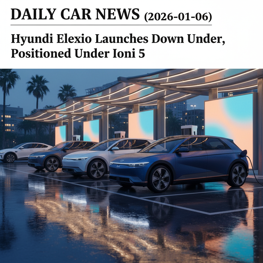 Editorial, photo-realistic HERO for an automotive daily news article titled "Hyundai Elexio Launches Down Under, Positioned Under Ioniq 5 – Daily Car