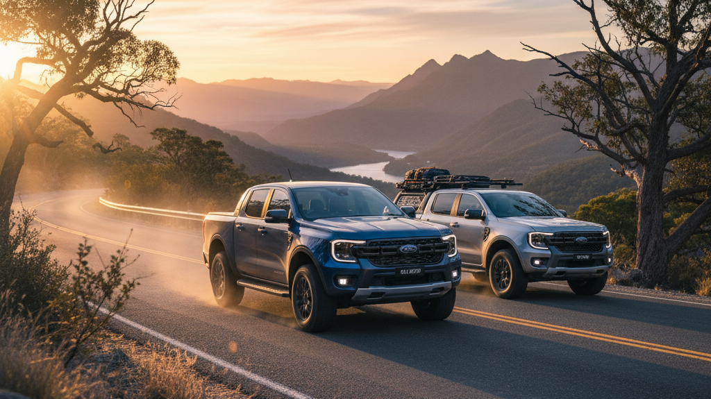 Editorial, photo-realistic HERO for an automotive daily news article titled "Ford Ranger Tops Australian Sales Charts – Daily Car News (2026-01-08)".
