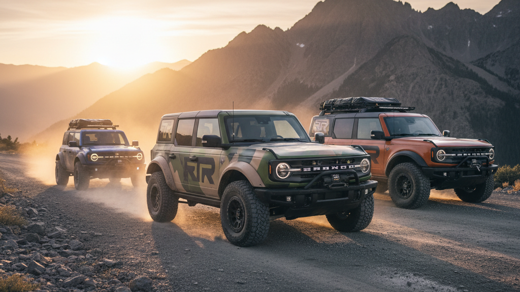 Editorial, photo-realistic HERO for an automotive daily news article titled "Ford Bronco RTR Launches as Affordable Raptor Alternative – Daily Car New