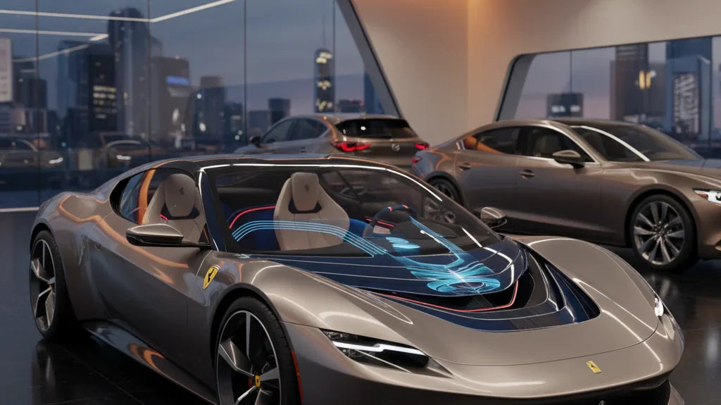 Editorial photo-realistic HERO image for automotive news (2026-02-10). Feature Ferrari and Mazda vehicles specifically Ferrari Luce EV, Mazda. Scene: