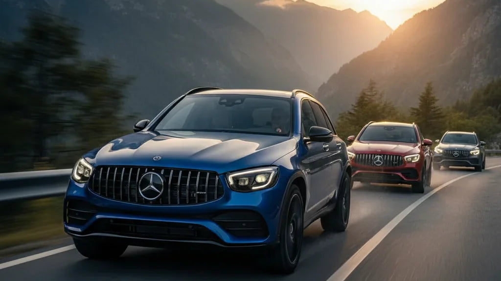 Editorial photo-realistic HERO image for automotive news (2026-02-11). Feature Mercedes-AMG vehicles specifically GLC53. Scene: The new Mercedes-AMG G