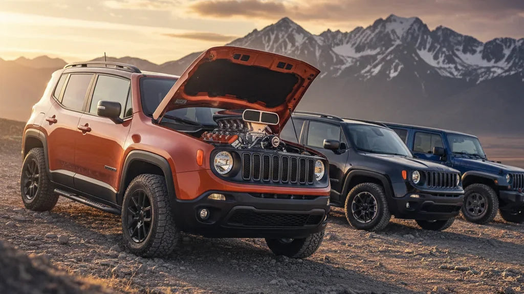 Editorial photo-realistic HERO image for automotive news (2026-03-08). Feature Jeep vehicles specifically Renegade. Scene: A modified Jeep Renegade sh
