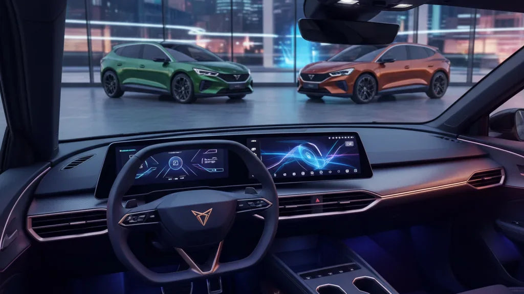 Editorial photo-realistic HERO image for automotive news (2026-03-27). Feature Cupra vehicles specifically Tavascan EV. Scene: A sleek, futuristic int