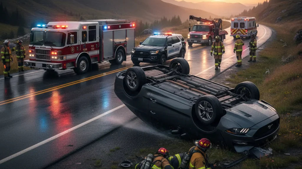 Editorial photo-realistic HERO image for automotive news (2026-03-29). Feature Ford vehicles specifically Mustang. Scene: A dramatic scene of a Ford M
