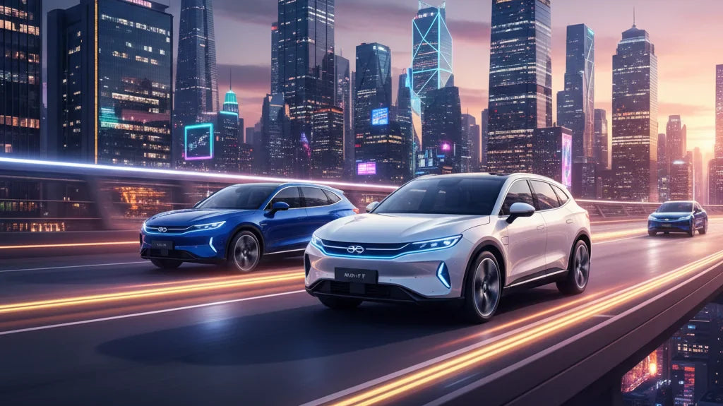 Editorial photo-realistic HERO image for automotive news (2026-04-01). Feature GAC vehicles specifically Aion UT. Scene: A sleek GAC Aion UT driving t