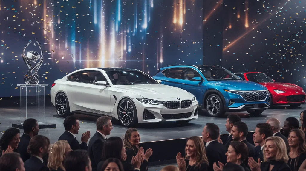 Editorial photo-realistic HERO image for automotive news (2026-04-02). Feature BMW and Hyundai and Mazda vehicles specifically BMW World Car of the Ye