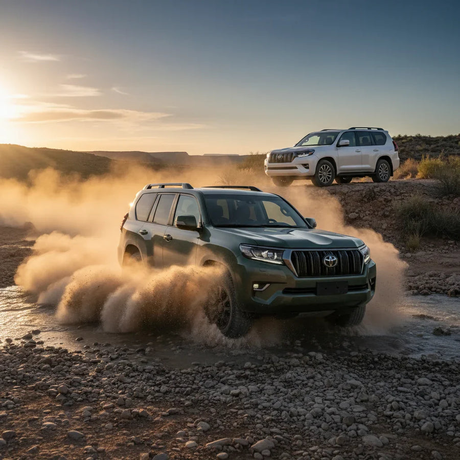 Editorial photo-realistic HERO image for automotive news (2026-04-09). Feature Toyota vehicles specifically LandCruiser Hybrid, Prado Hybrid. Scene: A