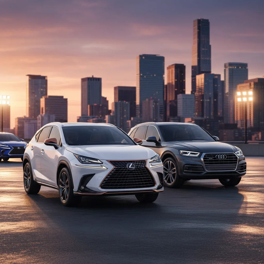Editorial photo-realistic HERO image for automotive news (2026-04-22). Feature Lexus and Audi vehicles specifically Lexus NX, Audi Q5. Scene: The slee