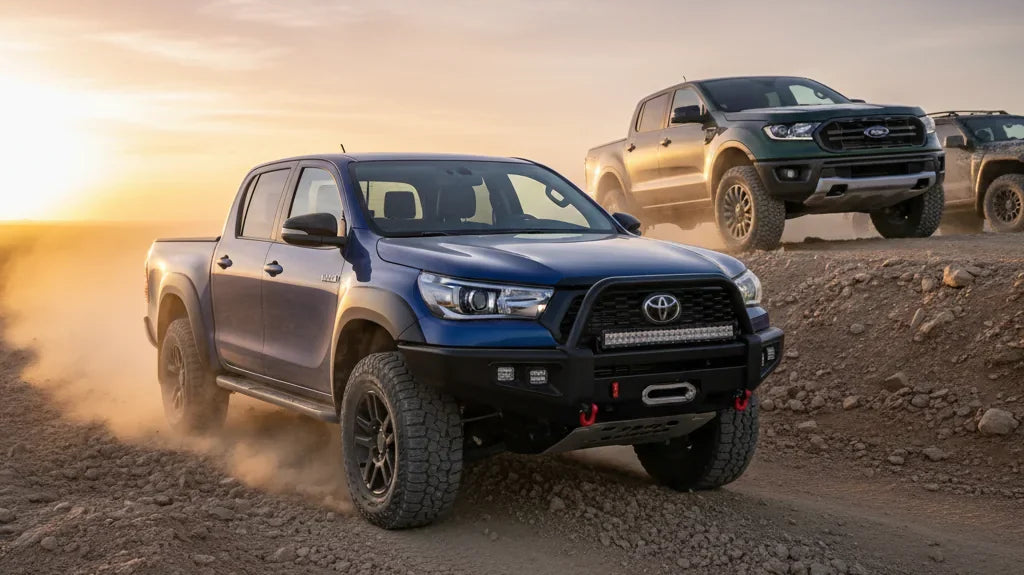 Editorial photo-realistic HERO image for automotive news (2026-05-19). Feature Toyota and Ford vehicles specifically HiLux, Ranger Super Duty. Scene: