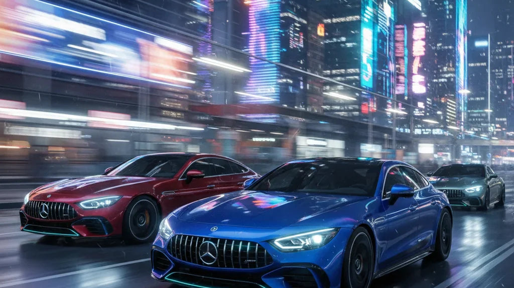 Editorial photo-realistic HERO image for automotive news (2026-05-20). Feature Mercedes-AMG vehicles specifically GT EV, GT 4-Door. Scene: The sleek a