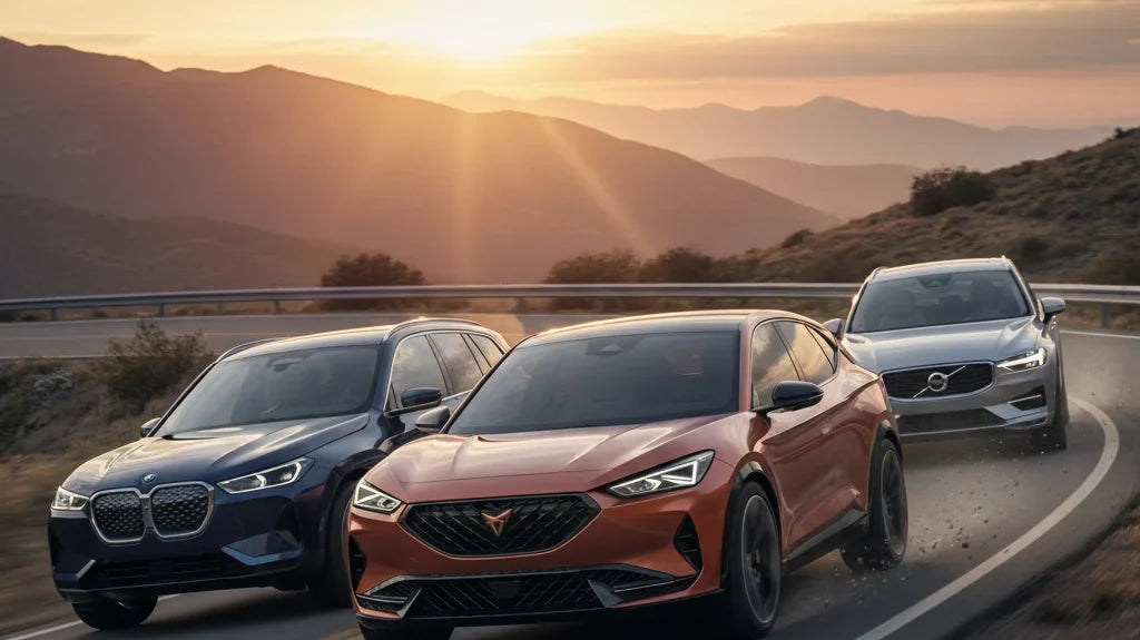 Editorial photo-realistic HERO image for automotive news (2026-05-25). Feature Cupra and BMW and Volvo vehicles specifically Cupra electric SUV, BMW i