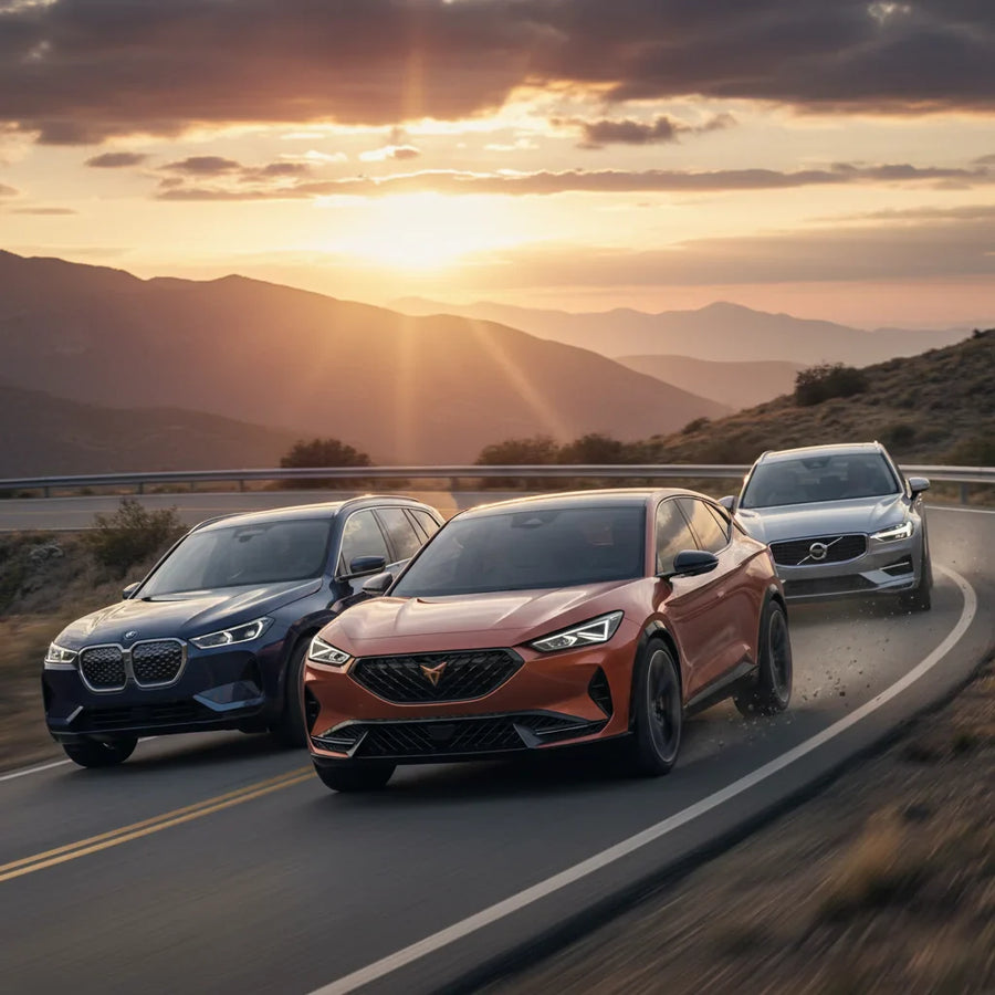 Editorial photo-realistic HERO image for automotive news (2026-05-25). Feature Cupra and BMW and Volvo vehicles specifically Cupra electric SUV, BMW i
