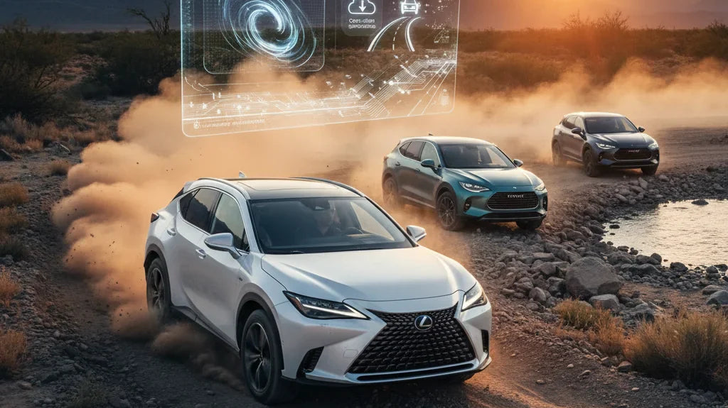 Editorial photo-realistic HERO image for automotive news (2026-05-28). Feature Lexus and Denza vehicles specifically Lexus Electric SUV, Denza. Scene: