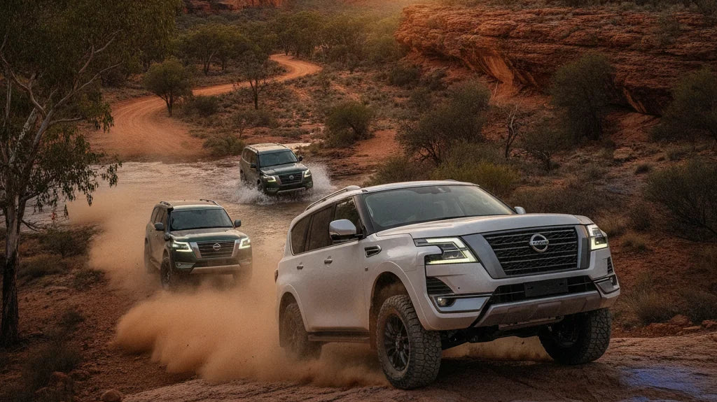 Editorial photo-realistic HERO image for automotive news (2026-06-11). Feature Nissan vehicles specifically 2027 Nissan Patrol. Scene: A vibrant Austr