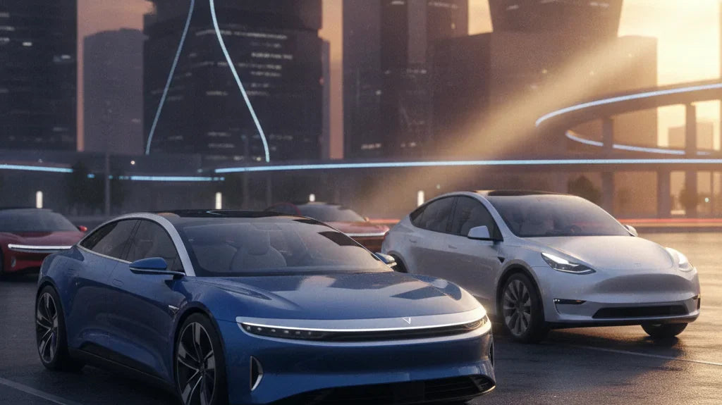 Editorial photo-realistic HERO image for automotive news (2026-06-17). Feature Lucid vehicles specifically Cosmos. Scene: A sleek Lucid Cosmos parked