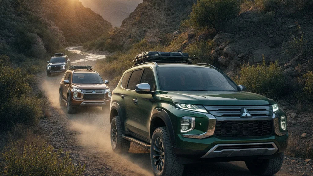 Editorial photo-realistic HERO image for automotive news (2026-06-18). Feature Mitsubishi vehicles specifically Pajero. Scene: A dynamic outdoor setti