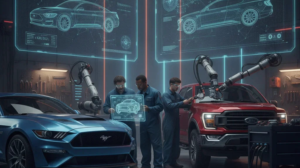Editorial photo-realistic HERO image for automotive news (2026-06-30). Feature Ford vehicles specifically Ford Mustang, Ford F-150. Scene: A dynamic w