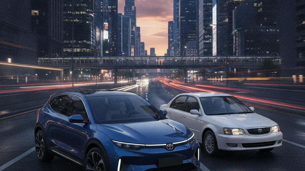 Editorial photo-realistic HERO image for automotive news (2026-07-01). Feature Leapmotor and Toyota vehicles specifically B05, Corolla. Scene: A dynam