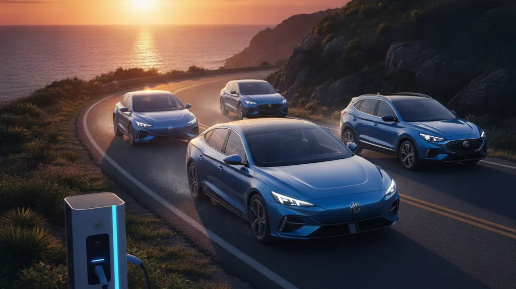Editorial photo-realistic HERO image for automotive news (2026-07-08). Feature MG vehicles specifically MG S5 EV. Scene: The MG S5 EV driving through