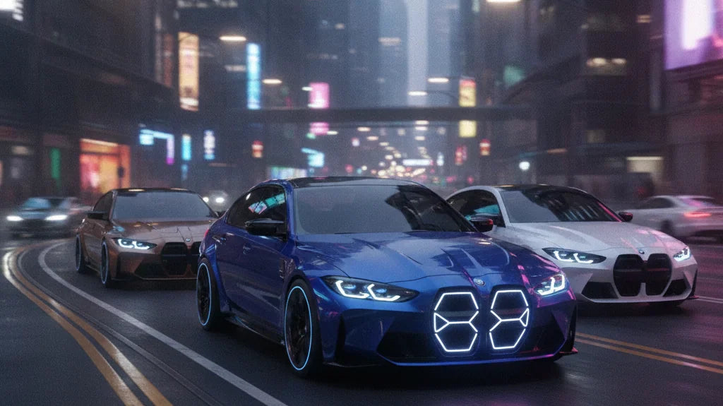 Editorial photo-realistic HERO image for automotive news (2026-07-16). Feature BMW vehicles specifically M3. Scene: A sleek, modern BMW M3 electric ve