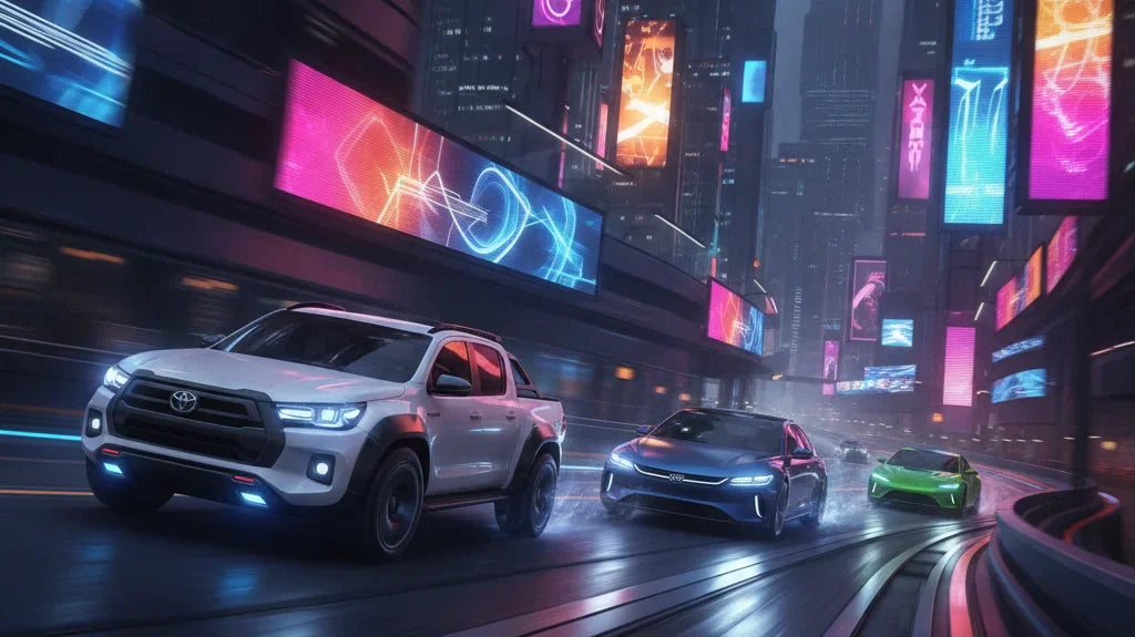 Editorial photo-realistic HERO image for automotive news (2026-07-17). Feature Toyota and BYD vehicles specifically HiLux BEV. Scene: A dynamic race s