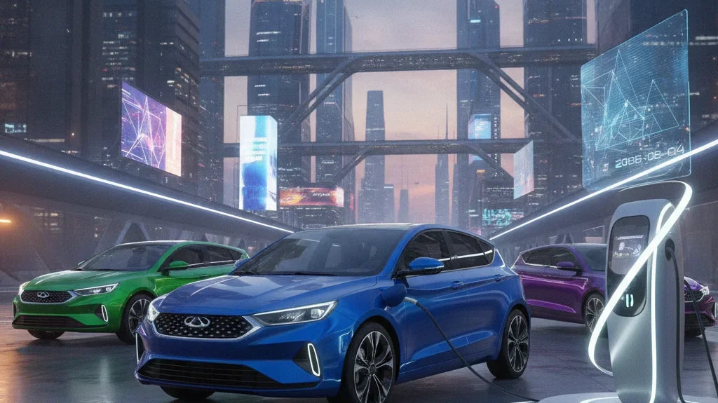 Editorial photo-realistic HERO image for automotive news (2026-08-04). Feature Chery vehicles specifically Lepas hatchback. Scene: A vibrant urban set