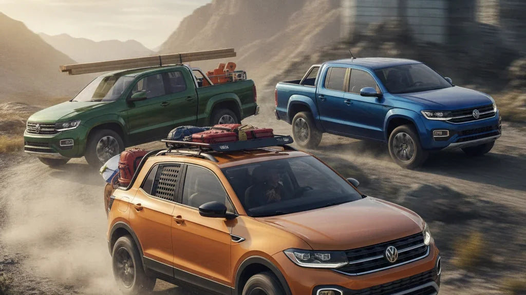 Editorial photo-realistic HERO image for automotive news (2026-08-24). Feature Volkswagen vehicles specifically T-Cross, Amarok. Scene: A vibrant outd