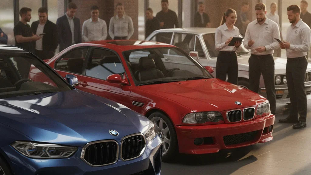 Editorial photo-realistic HERO image for automotive news (2026-08-30). Feature BMW vehicles specifically XM, E46. Scene: A BMW dealership with classic