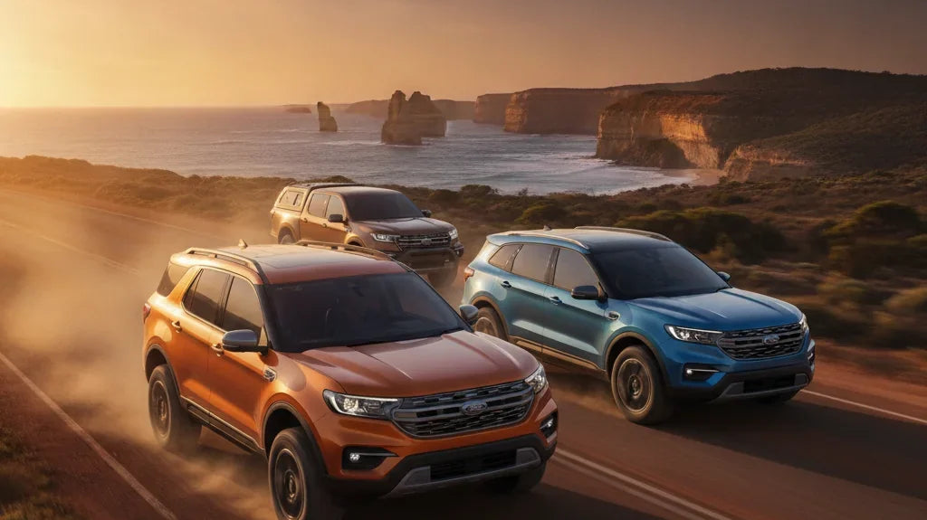 Editorial photo-realistic HERO image for automotive news (2026-09-10). Feature Ford vehicles specifically Chinese-built models. Scene: A vibrant Austr