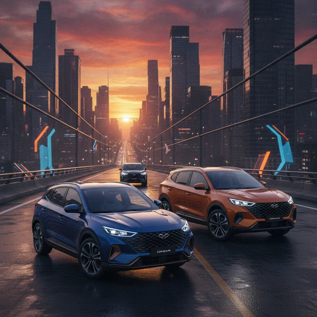 Editorial photo-realistic HERO image for automotive news (2026-09-11). Feature Chery vehicles specifically Omoda 4, Omoda 7. Scene: A dynamic city sky