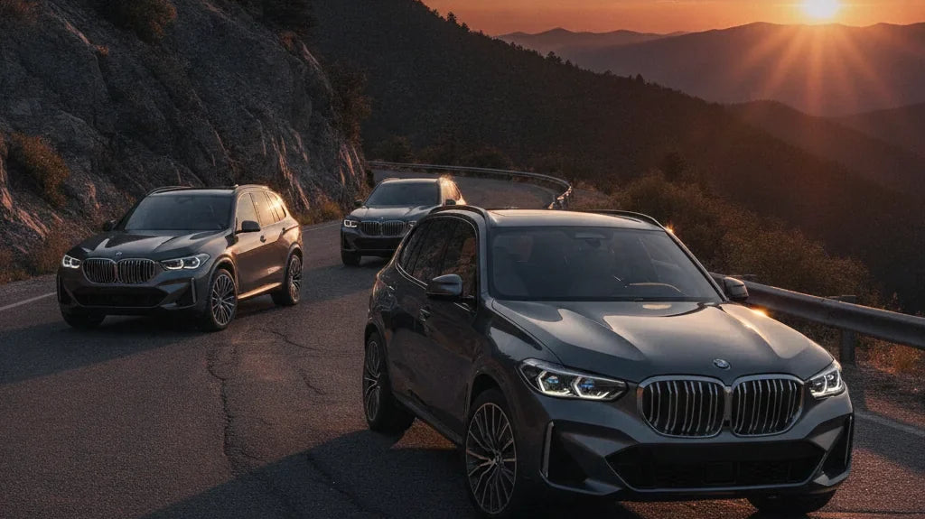 Editorial photo-realistic HERO image for automotive news (2026-09-16). Feature BMW vehicles specifically 2027 BMW X5. Scene: The sleek 2027 BMW X5 par