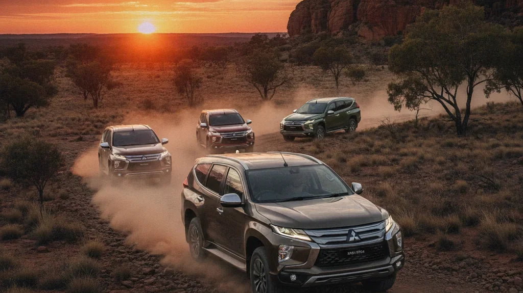 Editorial photo-realistic HERO image for automotive news (2026-09-17). Feature Mitsubishi vehicles specifically Pajero Sport. Scene: A rugged Pajero S