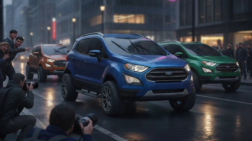 Editorial photo-realistic HERO image for automotive news (2026-09-19). Feature Ford vehicles specifically EcoSport. Scene: A striking visual of the si