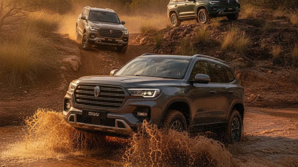 Editorial photo-realistic HERO image for automotive news (2026-09-23). Feature GWM vehicles specifically New Diesel SUV. Scene: A rugged off-road sett