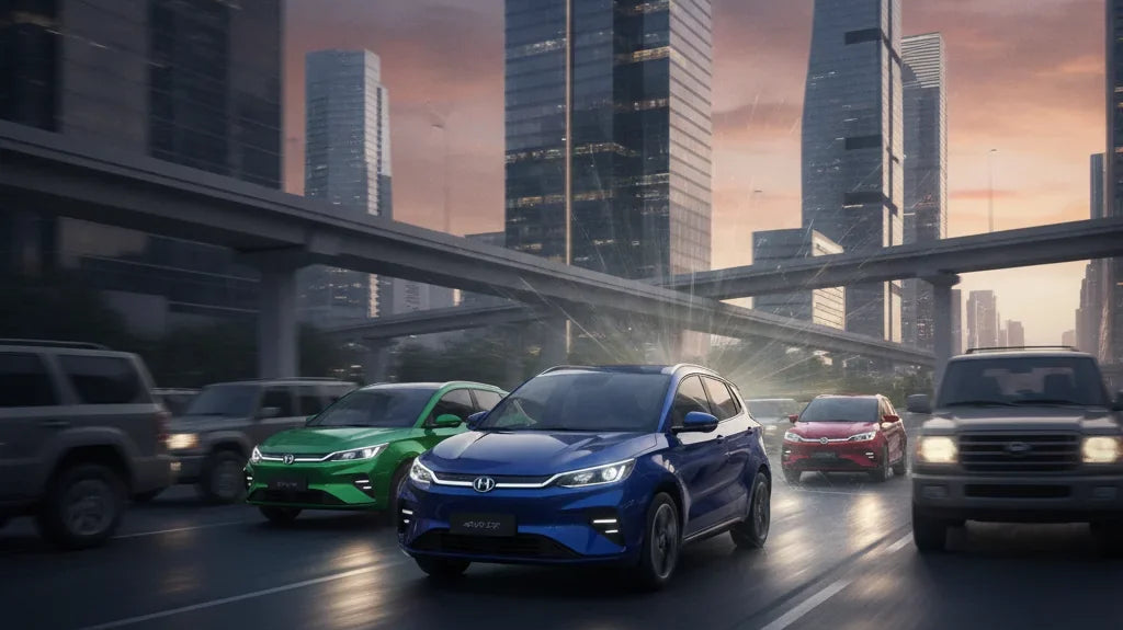Editorial photo-realistic HERO image for automotive news (2026-09-28). Feature BYD vehicles specifically Atto 2 PHEV. Scene: A dynamic shot of the BYD