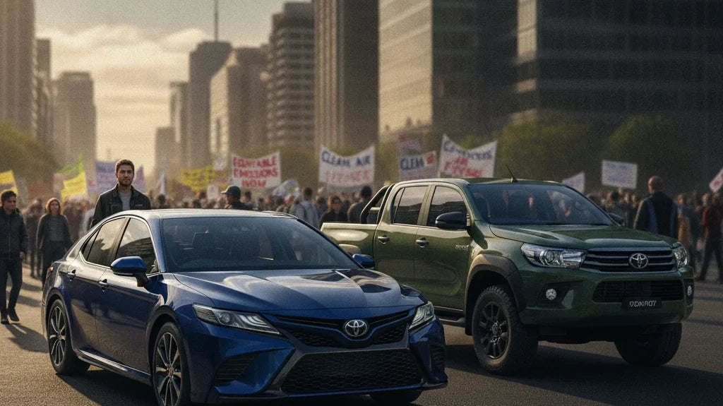 Editorial photo-realistic HERO image for automotive news (2026-10-07). Feature Toyota vehicles specifically Toyota Camry, Toyota Hilux. Scene: A bustl