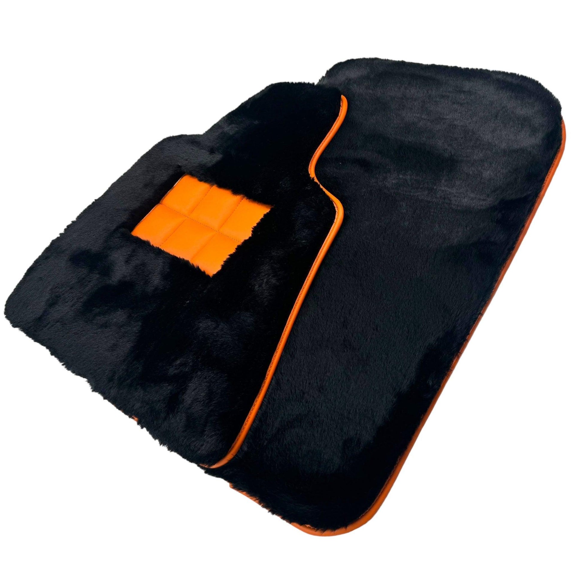 Black Sheepskin Floor Mats for Rolls-Royce Phantom Drophead Coupe (2007-2016) Orange Leather Trim - AutoWin