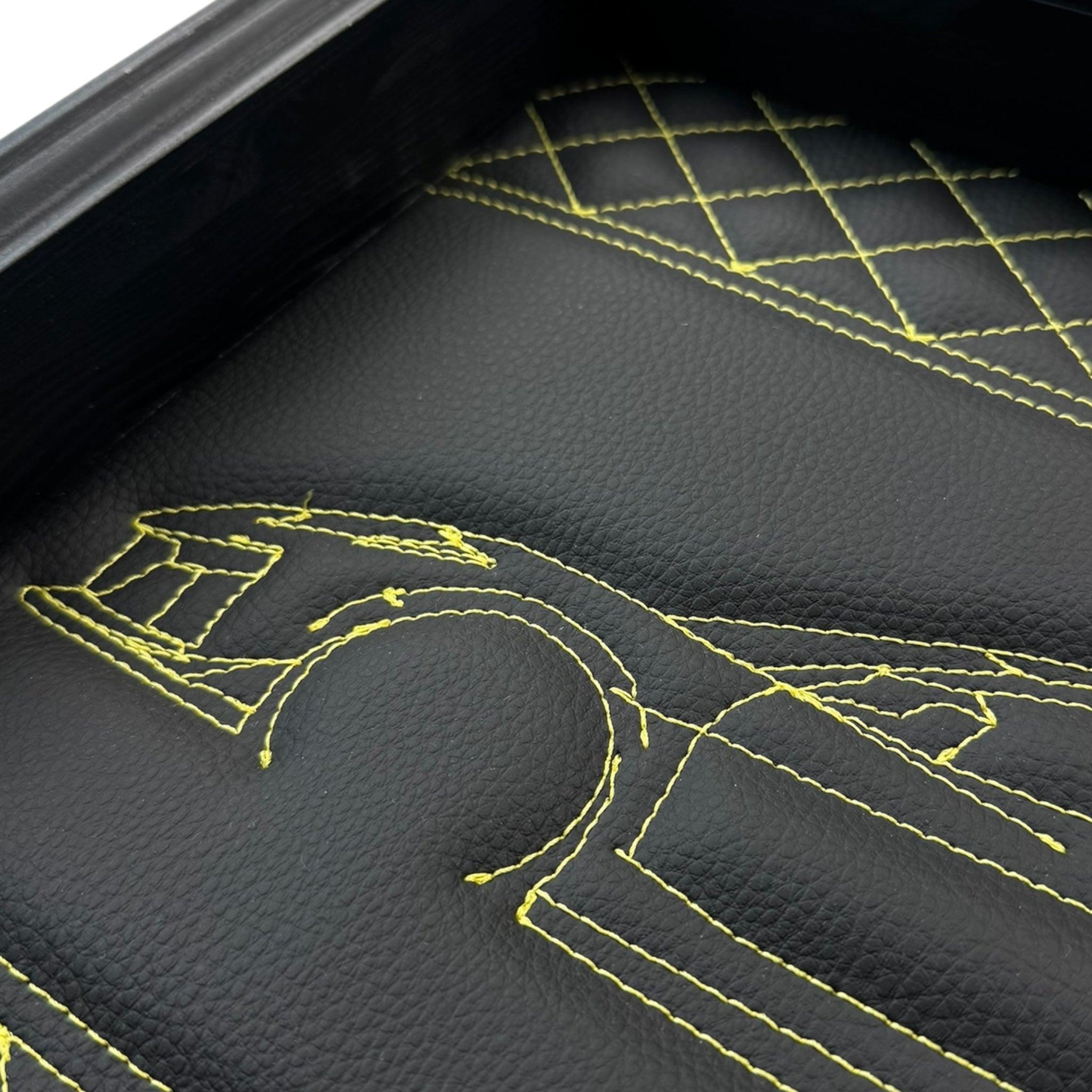 Black Leather Corvette C8 Inspired Wall Art: Embroidered Yellow Stitch - AutoWin