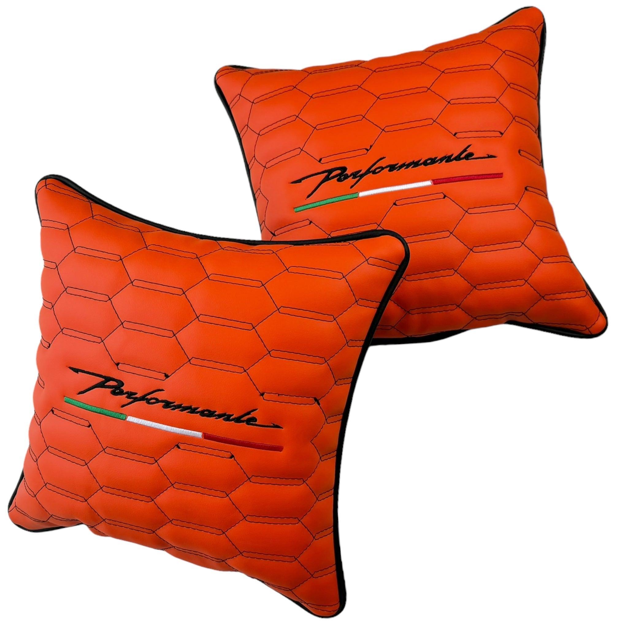 Orange Leather Pillows Performante Set of 2 with Black Sewing - AutoWin