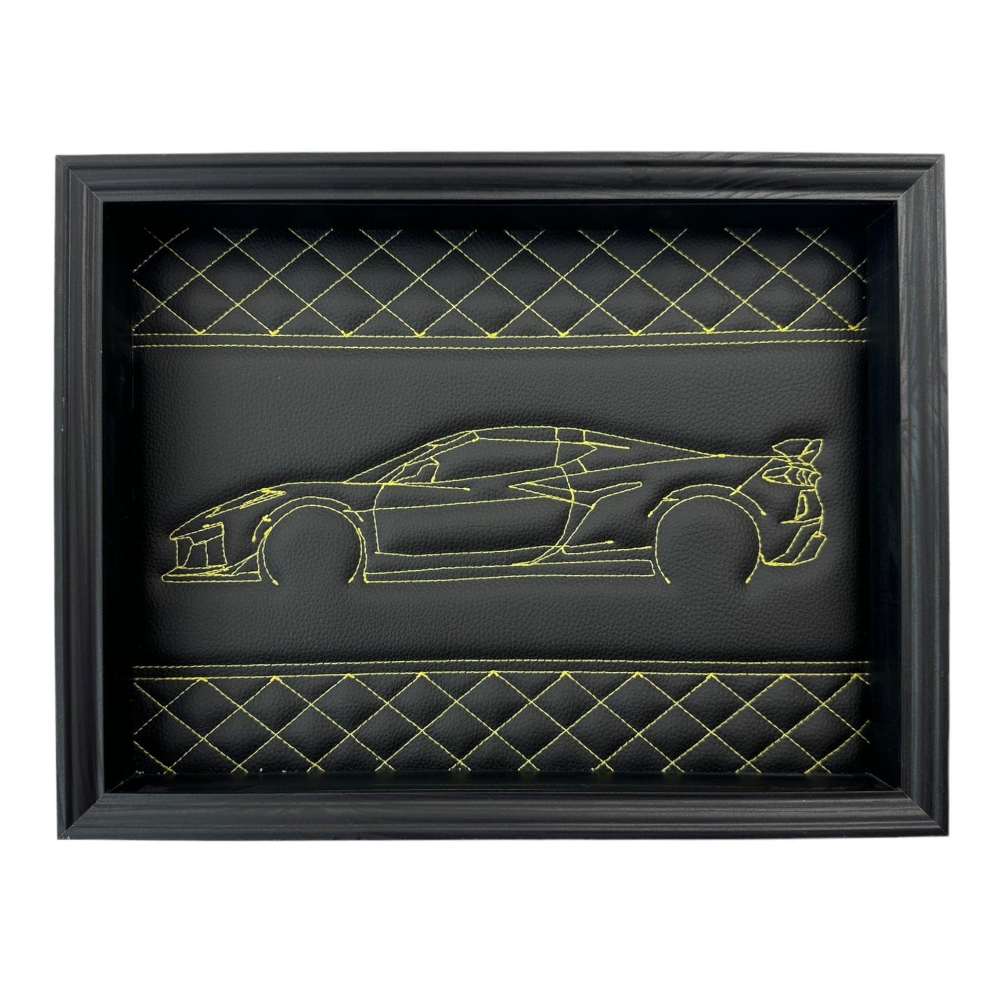 Black Leather Corvette C8 Inspired Wall Art: Embroidered Yellow Stitch - AutoWin