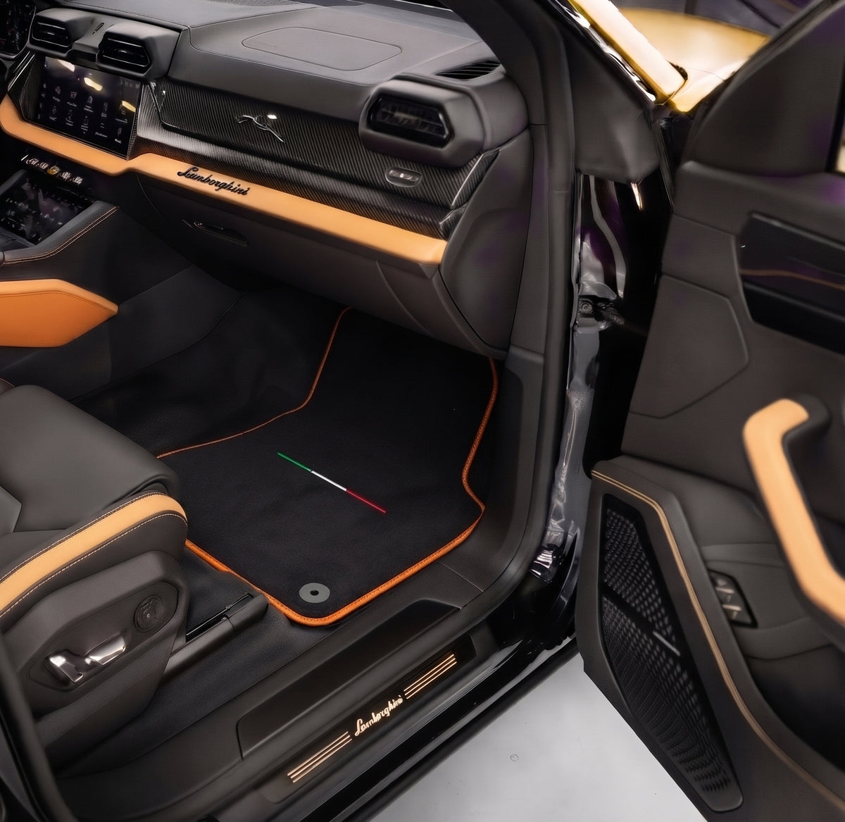 Black Floor Mats for Lamborghini Urus with Brown Leather