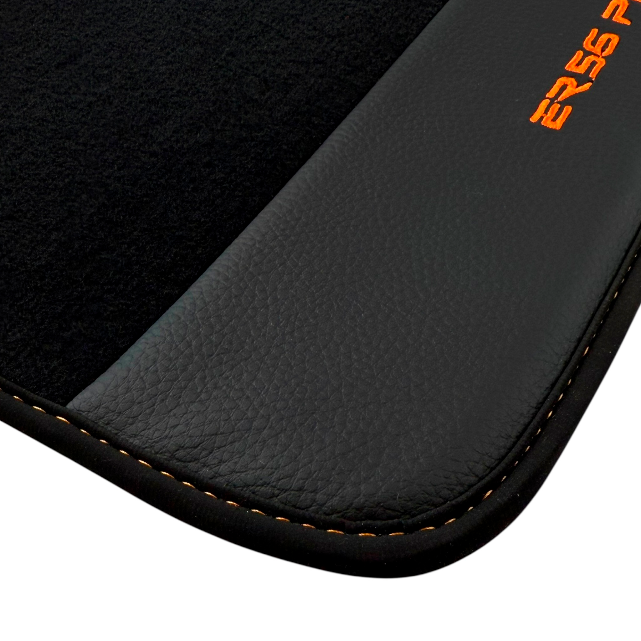 Black Car Floor Mats for BMW E81 3-door Hatchback (2006-2011) with Leather by ER56 | Orange Edition
