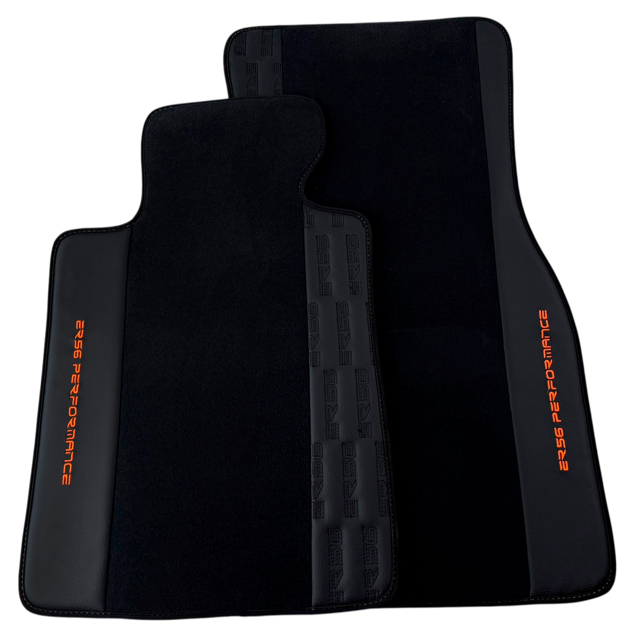 Black Car Floor Mats for BMW E82 2-door Coupe (2006-2013) with Leather by ER56 | Orange Edition