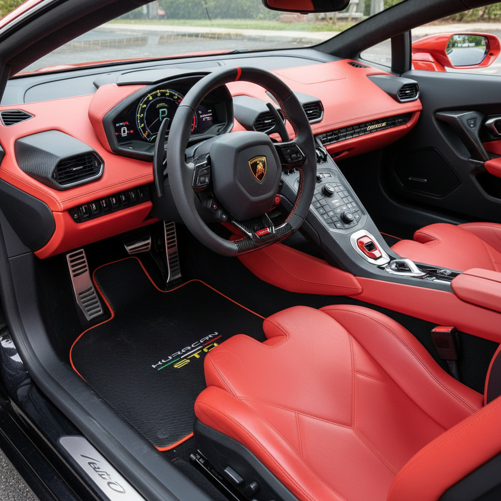 Customizable Floor Mats From Carpet with Leather for Lamborghini Huracan STO (2021-2024) - AutoWin